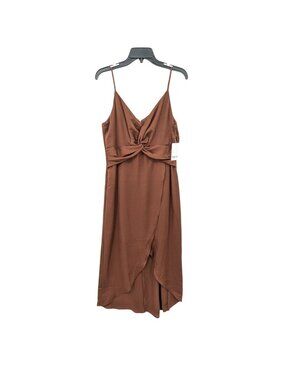 Y2K‎ Brown Twist Front Slip Midi Dress Glam Milkmaid Asymmetrical Cocktail Large